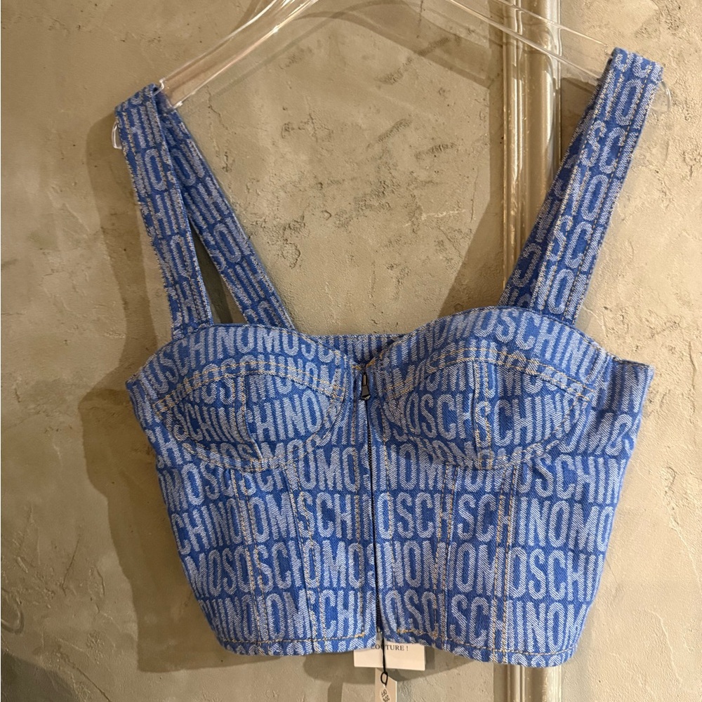 Moschino Blue Denim Logo Bustier Crop Top - Picture 3 of 11